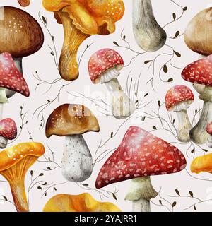 Nahtloses Muster mit saftigen roten, orangen, braunen Pilzen in Aquarellen. Handgezeichnete Pfifferlinge, Boletus und Amanita, wiederholtes Muster mit Zweigen Stockfoto