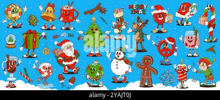 Retro-Cartoon groovige Weihnachtsfiguren, Weihnachten und Neujahr Feiertage Vektoraufkleber. Lustiger Weihnachtsmann, Weihnachtsbaum und Schneemann mit Geschenk. Funky Hippie Friedenszeichen und Bonbon Stock groovige Persönlichkeiten Stock Vektor