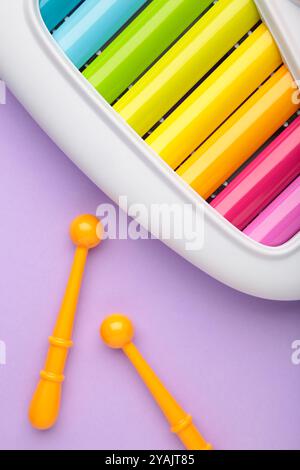 Buntes Xylophon auf violettem Hintergrund. Vertikales Foto. Draufsicht Stockfoto