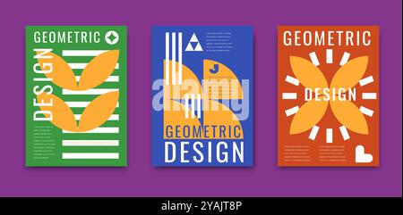 Abstrakte, moderne geometrische Poster in kräftigen Farben und dynamischen Formen schaffen ein visuell eindrucksvolles und modernes Design für Ausstellungen moderner Retro-Kunst. Vektor-lebendige und kreative Vorlagen Stock Vektor
