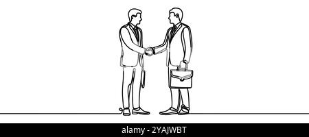 Linienzeichnung von zwei Geschäftsmanns Handshake mit Koffer. Eine Linie von zwei Männern, die die Hand schütteln. Eine durchgehende Linie von zwei Personen hält sich gegenseitig an isola Stock Vektor