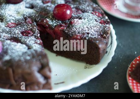 Schokoladenkuchen mit Kirschen und Kirschen Stockfoto