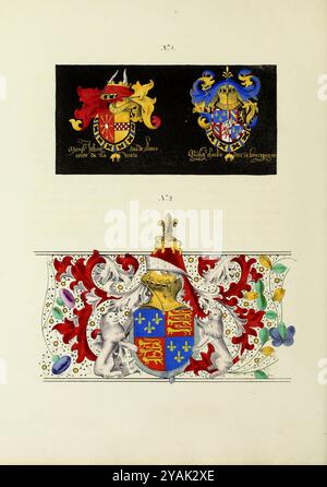 Wappen und Grenzen, von Insignien des Ordens vom Goldenen Vlies und Chroniques d’Angleterre. 15. Jahrhundert. London. 1833 1. Wappen von zwei Rittern des Goldenen Vlies. 2. Das Wappen von Edward dem 3 Stockfoto