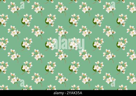 Floraler Hintergrund mit nahtlosem Muster. Zarte Jasminblüten auf grünem Hintergrund, wiederholtes Muster. Stockfoto