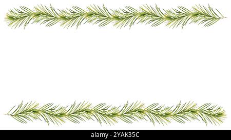 Festlicher Weihnachtsrahmen. Nadelbäume mit Kegeln sind mit künstlichen roten Beeren verziert. Stockfoto