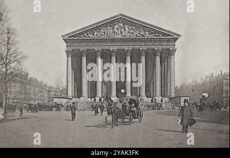 La Madeleine. Paris, Frankreich. 1903 die Kirche von Sainte-Marie-Madeleine oder weniger formal La Madeleine ist eine katholische Pfarrkirche am Place de la Madeleine im 8. Arrondissement von Paris. Er wurde von Ludwig XV. Als Mittelpunkt der neuen Rue Royal geplant und führte zum neuen Place Louis XV, dem heutigen Place de la Concorde. Es wurde 1764 von Ludwig XV. Eingeweiht, aber die Arbeiten wurden aufgrund der Französischen Revolution gestoppt. Napoleon Bonaparte ließ es im neoklassizistischen Stil umgestalten, um ein Denkmal für den Ruhm seiner Armeen zu werden. Nach seinem Untergang 1814 wurde der Bau als Kirche wieder aufgenommen, aber das war nicht der Fall Stockfoto