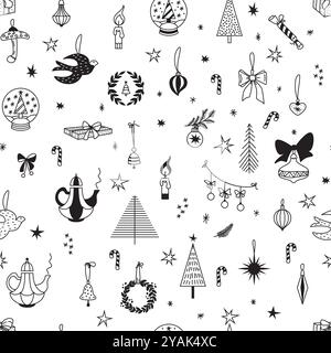 Nahtloses Muster für Weihnachten auf weißem Hintergrund mit Elementen Weihnachten. Wunderschönes Muster für ein luxuriöses Geschenkpapier, T-Shirts, Greetin Stock Vektor
