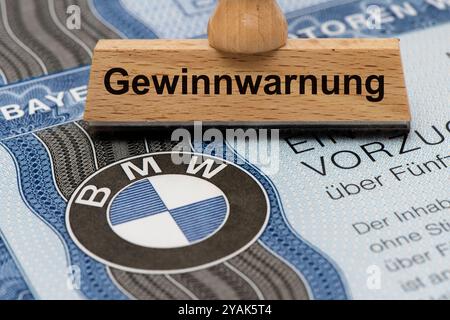 Gewinnwarnung für BMW ein Holzstempel ist beschriftet mit dem Aufdruck: Gewinnwarnung, über einer BMW-Aktie mit Firmen-Logo Symbolbild *** Gewinnwarnung für BMW Eine Holzmarke ist mit den Worten Gewinnwarnung beschriftet, über einer BMW-Aktie mit Firmenlogo symbolischem Bild Stockfoto