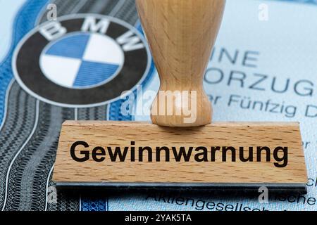 Gewinnwarnung für BMW ein Holzstempel ist beschriftet mit dem Aufdruck: Gewinnwarnung, über einer BMW-Aktie mit Firmen-Logo Symbolbild *** Gewinnwarnung für BMW Eine Holzmarke ist mit den Worten Gewinnwarnung beschriftet, über einer BMW-Aktie mit Firmenlogo symbolischem Bild Stockfoto