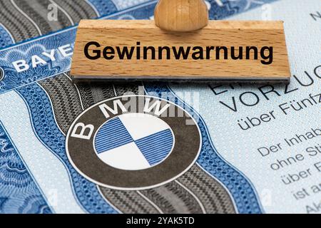 Gewinnwarnung für BMW ein Holzstempel ist beschriftet mit dem Aufdruck: Gewinnwarnung, über einer BMW-Aktie mit Firmen-Logo Symbolbild *** Gewinnwarnung für BMW Eine Holzmarke ist mit den Worten Gewinnwarnung beschriftet, über einer BMW-Aktie mit Firmenlogo symbolischem Bild Stockfoto