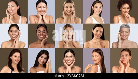 Vielfältige Gruppe von Frauen, die Hautpflegeroutinen vor neutralem Hintergrund zeigen Stockfoto