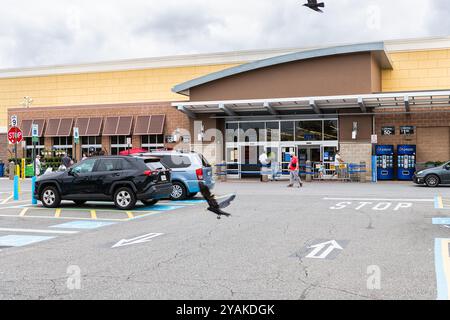 Sterling, USA - 12. September 2020: Eingang des Walmart-Geschäfts mit Einkaufskonsumalismus in Virginia und Autos auf dem Parkplatz Stockfoto