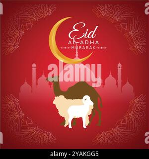 EID ul Adha Banner einzigartiges Design mit Moschee, Bakra Eid Moschee und Ziege, Kamel Stock Vektor