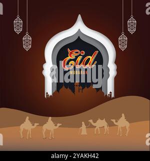 EID Mubarak mit einem einzigartigen Design dunkelbrauner Hintergrund mit Kamel, Vektor-Kunst Stock Vektor