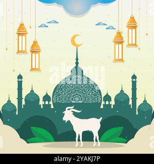 EID ul Adha Banner einzigartiges Design mit Moschee, Bakra Eid Moschee, Ziege, Vektor Stock Vektor