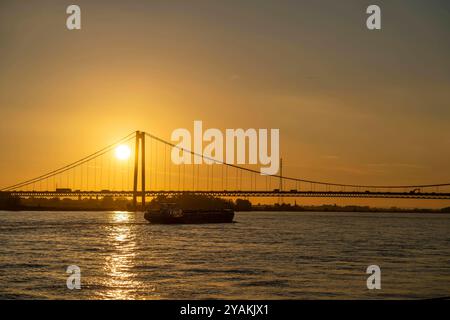 Die Rheinbrücke Emmerich, Bundesstraße B220, Abendlicht, mit 803 m die längste Hängebrücke Deutschlands kurz vor der Niederländischen Grenze, Rheinkilometer 853,2 sie ist die nördlichste deutsche Rheinbrücke, NRW, Deutschland Rheinbrücke Emmerich *** die Rheinbrücke Emmerich, Bundesstraße B220, Abendlicht, mit 803 m die längste Hängebrücke Deutschlands kurz vor der niederländischen Grenze, Rheinkilometer 853,2 es ist die nördlichste deutsche Rheinbrücke, NRW, Rheinbrücke Emmerich Stockfoto