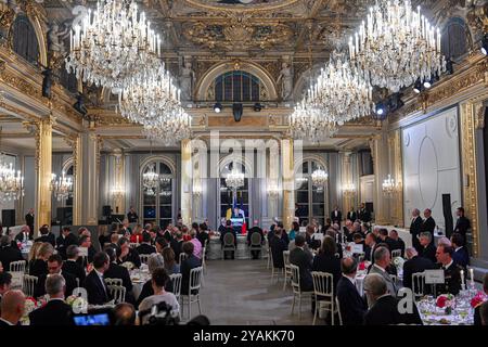 Paris, Frankreich. Oktober 2024. Ein Staatsessen im Elysee in Paris, am ersten Tag des offiziellen Staatsbesuchs des belgischen Königspaares in Frankreich, Montag, den 14. Oktober 2024. Das belgische Königspaar ist auf einem dreitägigen Besuch in Frankreich. BELGA FOTOPOOL FREDERIC ANDRIEU Credit: Belga Nachrichtenagentur/Alamy Live News Stockfoto