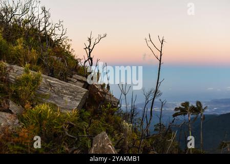 Blick auf die Sierra Nevada de Santa Marta, Berge, einschließlich Cerro Kennedy, auch bekannt als „La Cuchillo de San Lorenzo“, Kolumbien Stockfoto