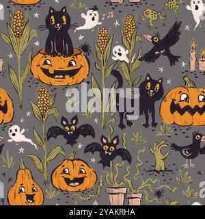 Lustiges Halloween-Vintage-Muster im Retro-Cartoon-Stil. Niedliche schwarze Katzen, Kürbisse und Fledermäuse für die Halloween-Party. Stockfoto