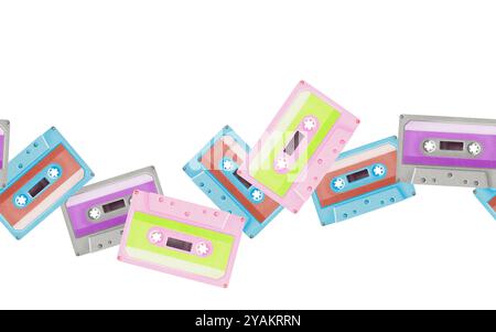 Nahtloser Rand von der Kassette für tragbaren Retro-Player im Stil der 80er und 90er Jahre. Aquarellillustration realistischer Stil isoliert auf weiß für Websites, Stoff Stockfoto