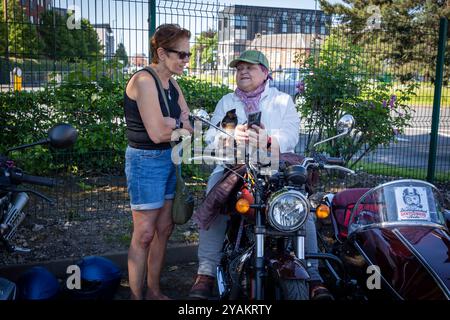 The Distinguished Gentleman's Ride (DGR) 2024. Dame auf Motorradkombination mit ihrem Jack Russell Stockfoto