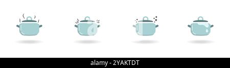 Küchenutensilien-Set. Dampfkessel für Lebensmittelvektoren. Der Prozess des Siedens in Töpfen Set. Zubereitung von Speisen durch Catering-Dienste. Stilvolles Vektorset Stock Vektor