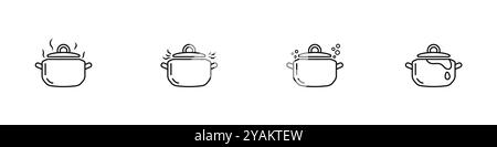 Küchenutensilien lineare Symbole Set. Schwarze lineare Schwenks. Dampfkessel für den Konturvektor von Lebensmitteln. Der Prozess des Siedens in Töpfen Set. Lebensmittelzubereitung b Stock Vektor