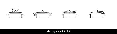 Küchenutensilien lineare Symbole Set. Schwarze lineare Schwenks. Dampfkessel für den Konturvektor von Lebensmitteln. Der Prozess des Siedens in Töpfen Set. Lebensmittelzubereitung b Stock Vektor