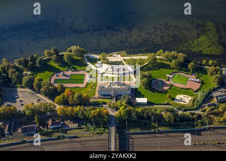Luftbild, Strandhaus Salitos Beach Hengsteysee mit Freibad Südufer, Bahngleise, Boele, Hagen, Ruhrgebiet, Nordrhein-Westfalen, Deutschland ACHTUNGxMINDESTHONORARx60xEURO *** Luftblick, Strandhaus Salitos Strand Hengsteysee mit Freibad Südküste, Bahngleise, Boele, Hagen, Ruhrgebiet, Nordrhein-Westfalen, Deutschland ATTENTIONxMINDESTHONORARx60xEURO Stockfoto