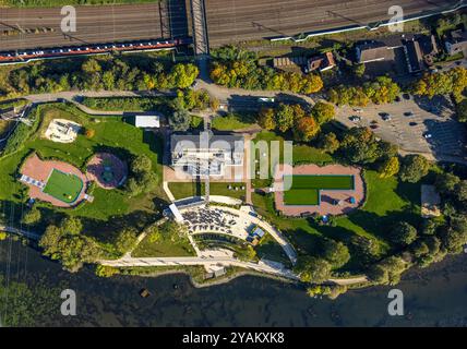 Luftbild, Strandhaus Salitos Beach Hengsteysee mit Freibad Südufer, Bahngleise, Boele, Hagen, Ruhrgebiet, Nordrhein-Westfalen, Deutschland ACHTUNGxMINDESTHONORARx60xEURO *** Luftblick, Strandhaus Salitos Strand Hengsteysee mit Freibad Südküste, Bahngleise, Boele, Hagen, Ruhrgebiet, Nordrhein-Westfalen, Deutschland ATTENTIONxMINDESTHONORARx60xEURO Stockfoto