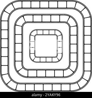 Verschiedene Rahmen mit Filmstreifen als Rand. Video- oder Fotokamerabänder in quadratischer Form. Storyboard-Layouts. Fotos Collage-Vorlagen. Vektorgrafik. Stock Vektor