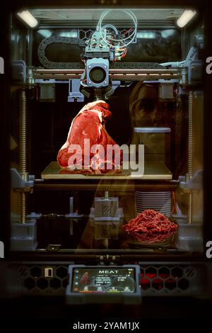 Konzept 3D-Rendering von Lebensmitteln, synthetisches Fleisch mit 3D-Drucker. Florentinisches Steak. Immagine di fantasia. Fantasy-Bild. Laboratorium neuer Technologi Stockfoto