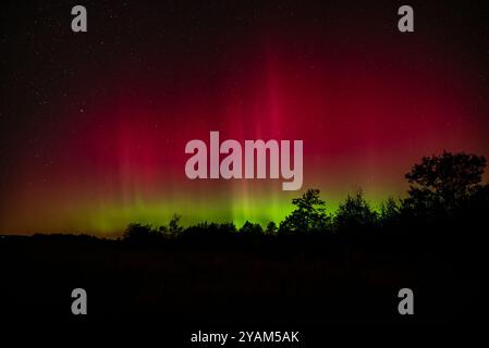 Leuchtende rote und grüne Auroras mit hellen Säulen erfüllen den Nachthimmel Stockfoto