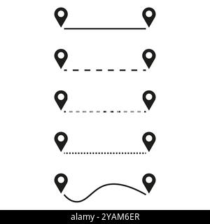 Satz von Positionsmarkierungssymbolen mit gepunkteten Linien. Perfekt für Navigations- und Reisedesigns. Ideal für Karten- und Benutzeroberflächen. Stock Vektor