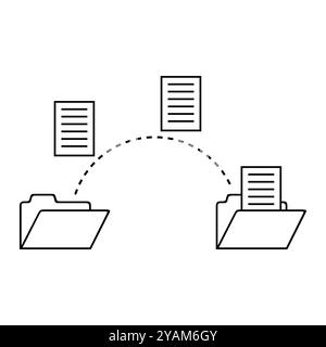 Symbol für Dateiübertragung. Dokumente, die zwischen Ordnern verschoben werden. Gestrichelte Leitungsverbindung. Einfacher Umrissstil. Stock Vektor