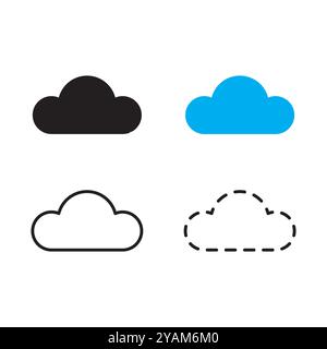 Symbolgruppe „Cloud“. Minimalistische Wolkensymbole. Volumenkörper-, Kontur- und gestrichelte Designs. Vektorgrafik-Sammlung. Stock Vektor
