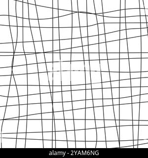 Schwarze Wellenlinien bilden ein abstraktes verzerrtes Raster. Dünne Linien, die geometrische, verzerrte Quadrate erzeugen. Stock Vektor