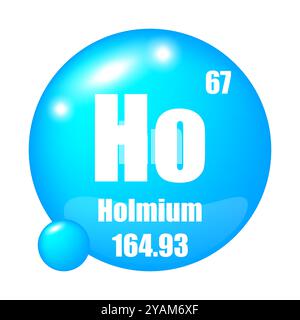 Ho-Symbol. Holmium-Element. Atomzahl 67. Masse 164.93. Blauer Kugelhintergrund. Vektorsymbol. Stock Vektor