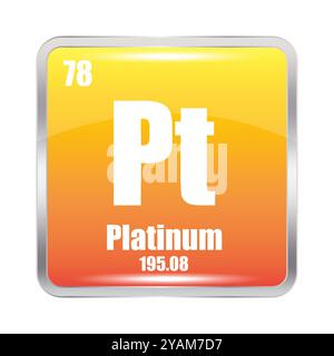 Platin-Symbol. Chemisches PT-Element. Atomzahl 78. Masse 195.08. Gelbes quadratisches Symbol. Stock Vektor