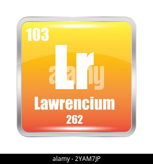 Symbol „Lawrencium“. LR-chemisches Element. Atomzahl 103. Masse 262. Glänzendes orangefarbenes Quadrat. Stock Vektor
