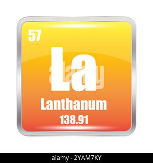 Lanthan-Symbol. Chemisches Element La. Atomzahl 57. Masse 138.91. Gelbes quadratisches Bild. Stock Vektor