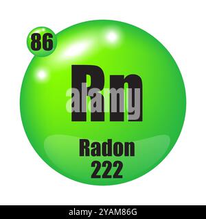 Radon-Symbol. RN chemisches Element. Atomzahl 86. Masse 222. Grünes Kugelbild. Vektorsymbol. Stock Vektor