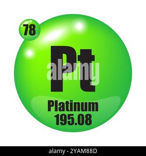 Platin-Symbol. Chemisches PT-Element. Atomzahl 78. Masse 195.08. Grünes Kugelsymbol. Stock Vektor