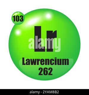 Symbol „Lawrencium“. LR-chemisches Element. Atomzahl 103. Masse 262. Design mit grüner Kugel. Stock Vektor