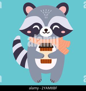 Süßer Waschbär und ein Glas Kaffee. Illustration der Vektorabwicklung. Stock Vektor