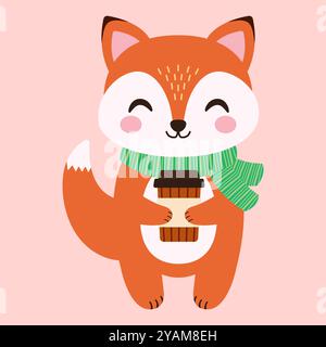 Süßer Fuchs und ein Glas Kaffee. Illustration der Vektorabwicklung. Stock Vektor