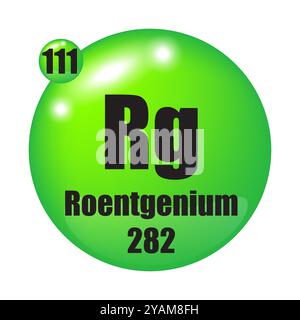 Roentgenium-Symbol. Chemisches RG-Element. Atomzahl 111. Masse 282. Design mit grüner Kugel. Stock Vektor