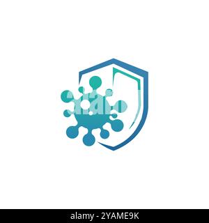 Vektorbild des Anti-Virus-Logos. Virus und Schild, antibakterieller Schutz, Logo für antivirale Medikamente. Antibakterielles Schutzsymbol, Schild und Stock Vektor