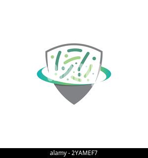 Vektorbild des Anti-Virus-Logos. Virus und Schild, antibakterieller Schutz, Logo für antivirale Medikamente. Antibakterielles Schutzsymbol, Schild und Stock Vektor