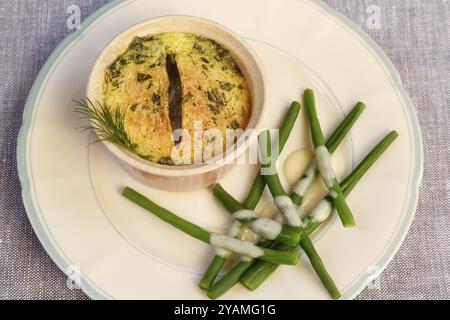 Schwäbische Küche, im Ofen gebackener Zander mit Prinzessinbohnen und Zitronensauce, Fischgericht, Zanderfilet, grüne Bohnen, Dill, Vorspeise, aus dem Ofen, c Stockfoto